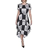 Karl Lagerfeld Womens Short Sleeve Hanky Hem Tie Waist Printed Twill Midi Dress
