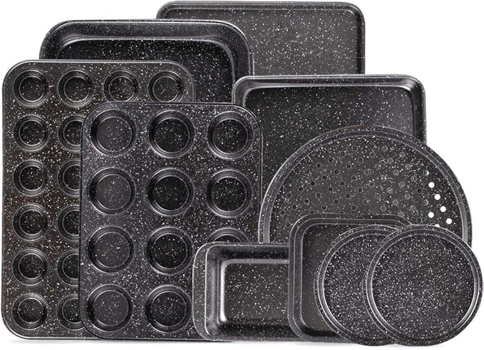 The 10-Piece Nonstick Baking Set With Baking Pan, Cookie Sheet Set, Cake Pan, Muffin Pan, and Pizza Pan, 10-Piece Set Nonstick Bakeware Sets, Ceramic Coated Black (Ceramic Coated Black)