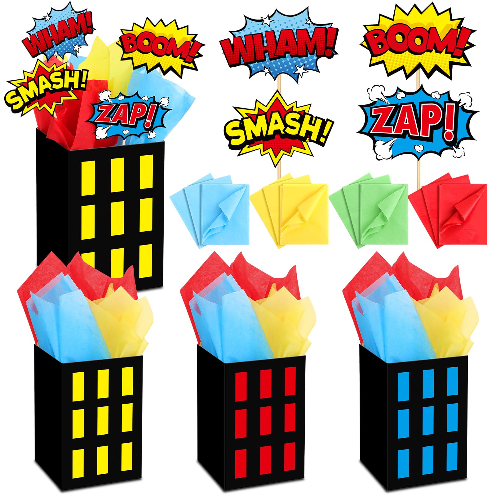 Photo 1 of Weekgrat 12 Sets Hero Theme Party Decoration Hero Boxes Centerpiece (7.9 x 5.1 x 5.1 Inch) Sticks with Tissue Paper Standing Cards Birthday Baby Shower Party Supplies (Red,Yellow,Blue)