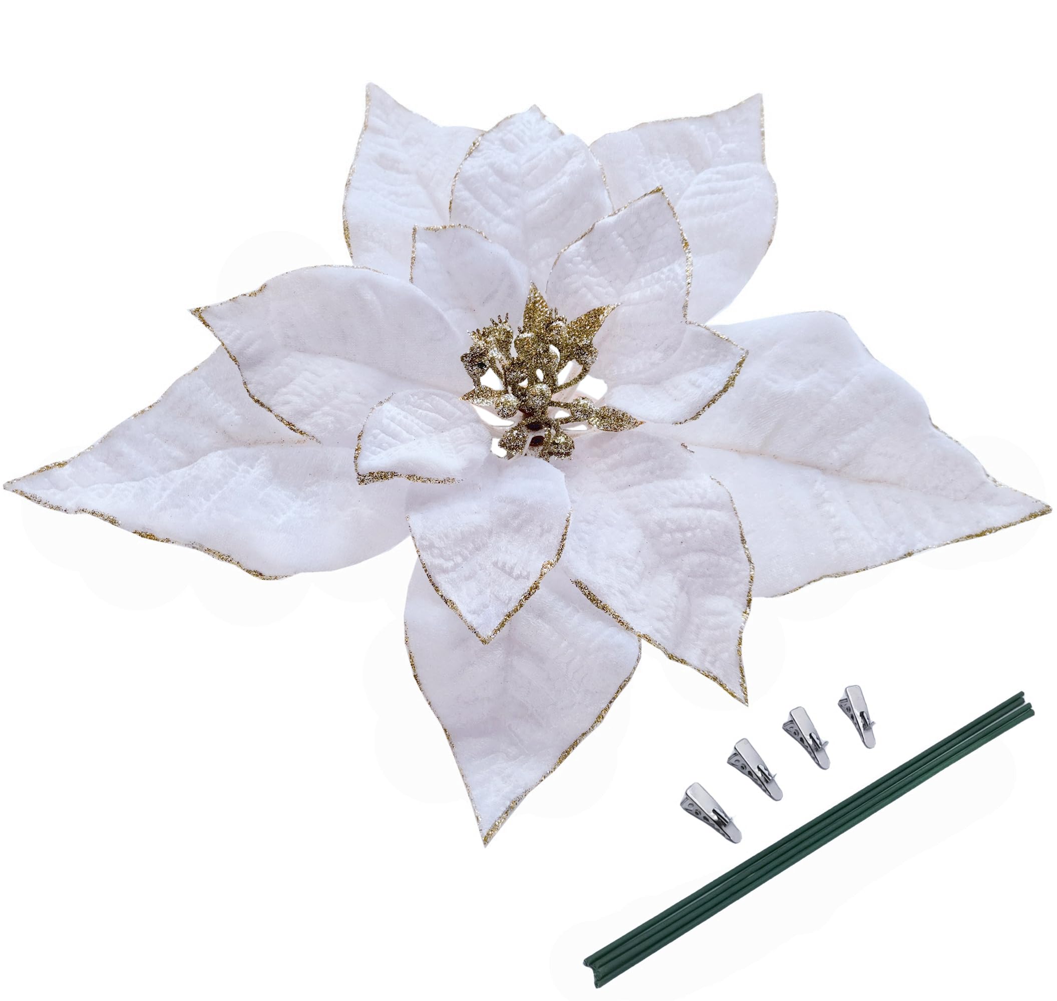 M2cbridge Artificial Christmas Flowers Red Velvet Poinsettia Floral Picks for Christmas Wreath Tree Ornaments(4pcs Extra Large White)