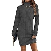HBQ Women's Pullover Sweater Dress Casual Turtleneck Ribbed Long Lantern Sleeve Mini Knit Dresses 2025 Fashion