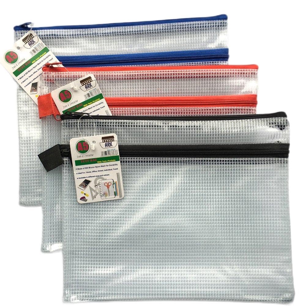 12 X A5 Twin Pocket Tuff Bag School Waterproof Storage Strong Pencil Pen Case Zip Wallet (240x 190mm) by ARK