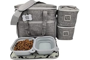 Mobile Dog Gear, Week Away Dog Travel Bag for Medium and Large Dogs, Includes 2 Lined Food Carriers and 2 Collapsible Dog Bowl, Meets Airline Requirements, Heathered Gray