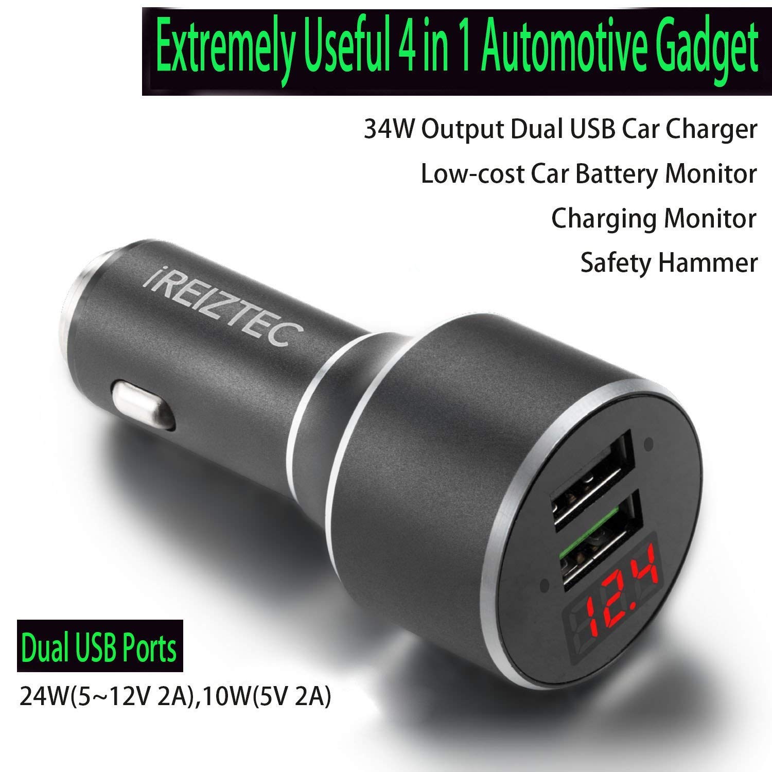 Dual USB Car Charger For iPhone x 8 6 7 Plus, fast car charger quick charge 3.0 for Galaxy S9 S8 S7 S6 Edge Plus Note 8, Cigarette Lighter Adapter w/Safety Hammer, 34W QC 3.0 & 5V/2.1A Ports black