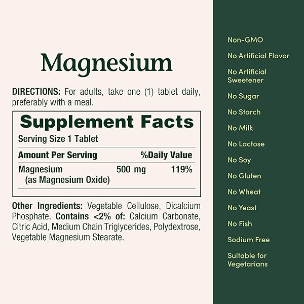 NATURE’S BOUNTY MAGNESIUM 500 MG TABLETS, HIGH POTENCY MAGNESIUM SUPPLEMENT FOR BONE & MUSCLE HEALTH, WHOLE BODY SUPPORT, 200 COUNT (PACK OF 1)