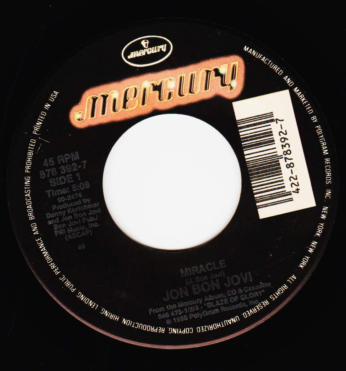 JON BON JOVI Miracle/Blood Money (7 Inch Vinyl 45) Music