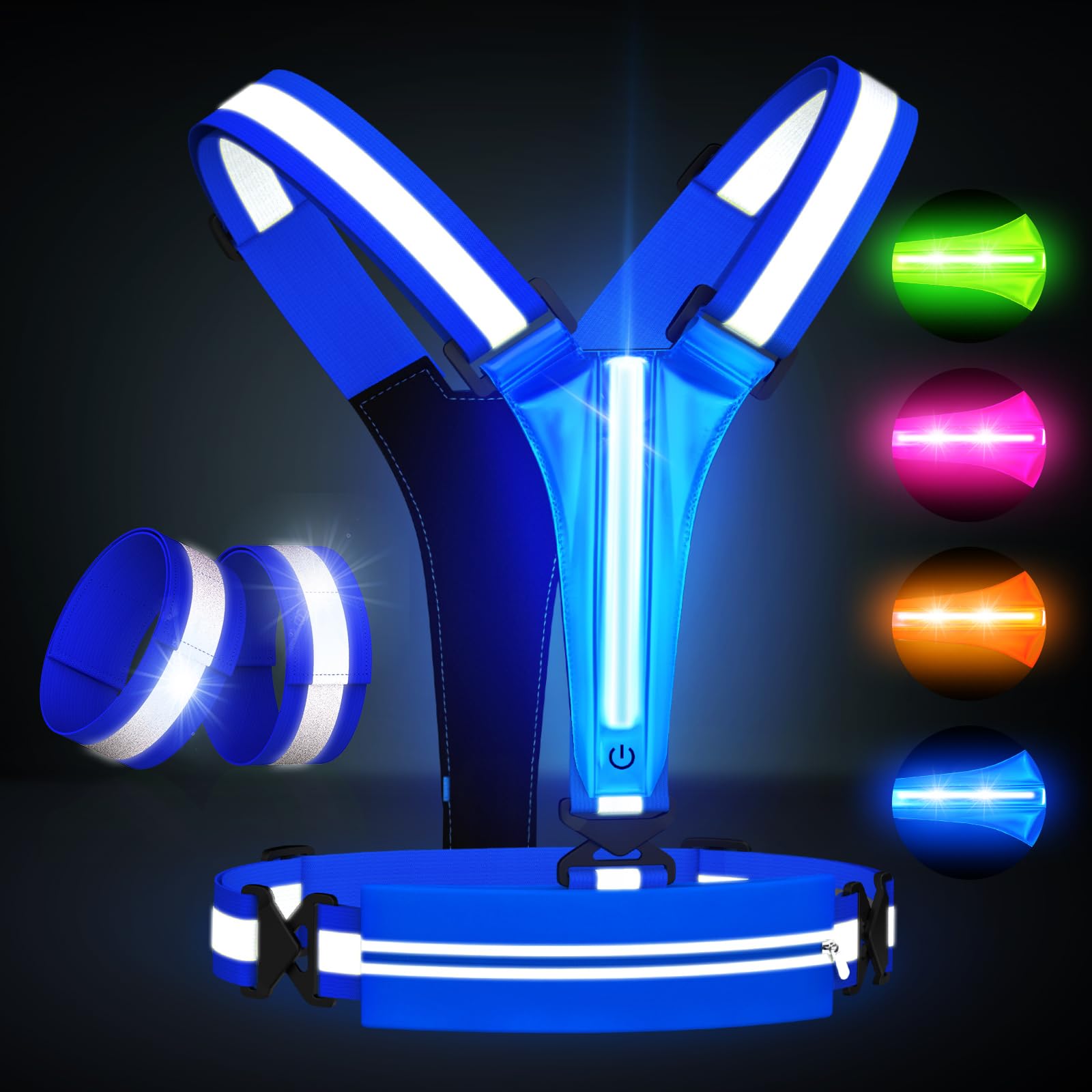 LED Reflective Vest Running Gear Set,USB Rechargeable Light Up Running Vest for Runners Night Walking with Waterproof Phone Bag,High Visibility Armband,Adjustable Waist&Shoulder for Men Women (Blue)
