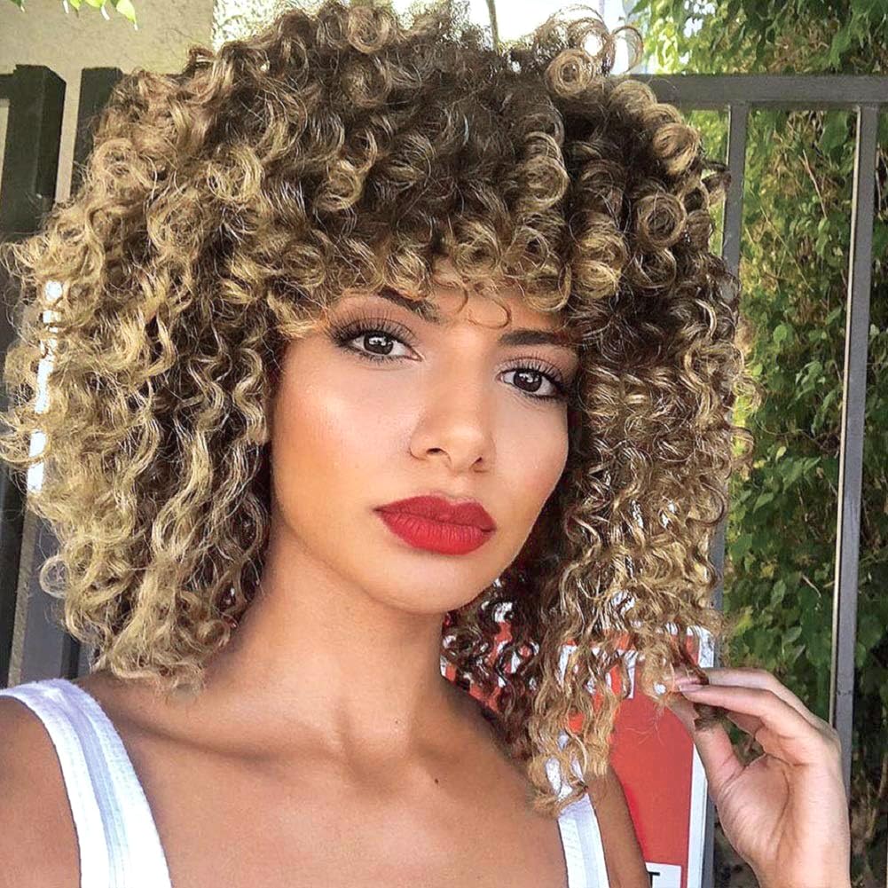 PORSMEER Short Kinky Curly Afro Wigs with Fringe Natural Looking Premium Synthetic Heat Resistant Hair Ombre Blonde Wig for Black Women Ladies UK Cosplay and Daily,14 Inch — image 1