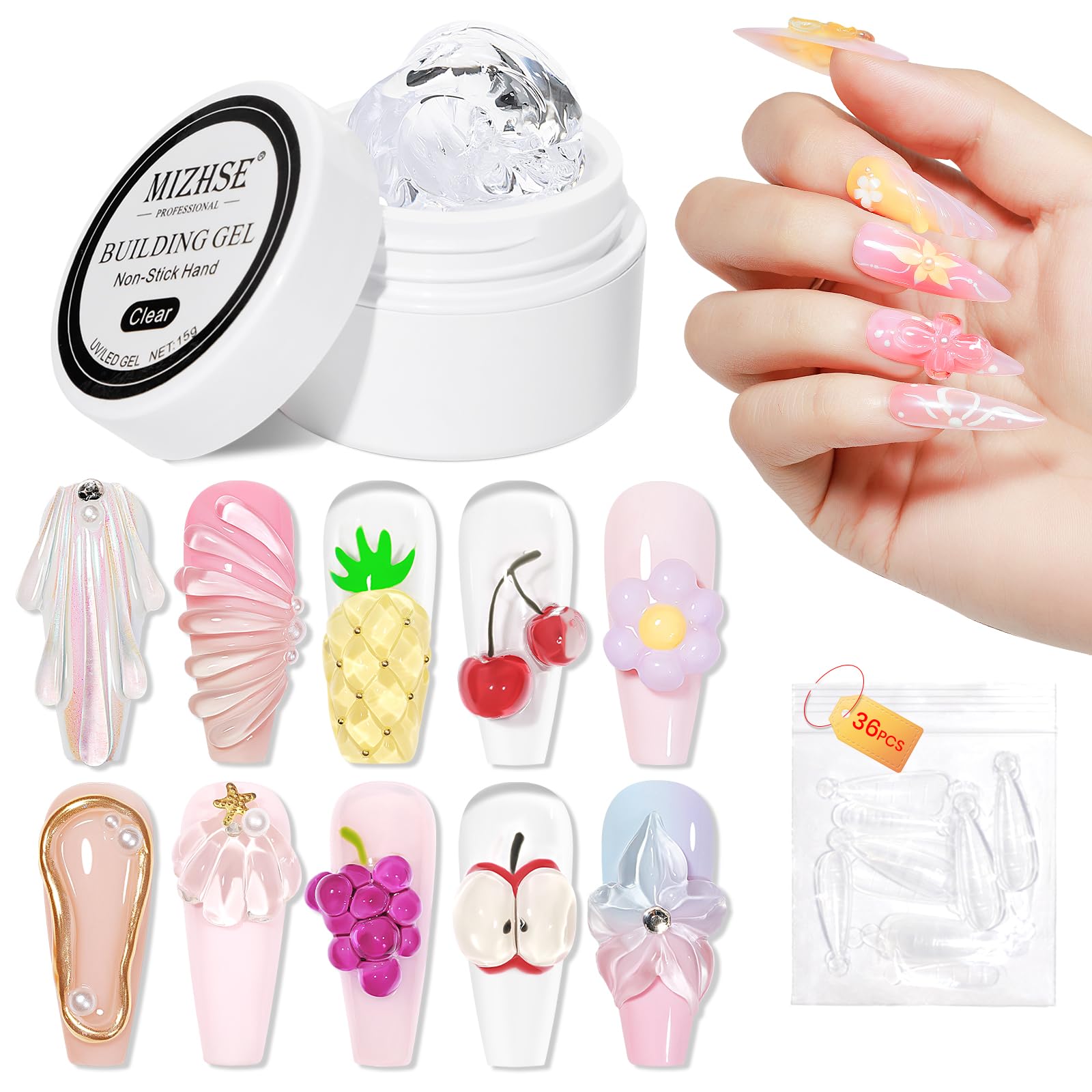 MIZHSE Sculpting Nail Gel for 3D Nails, Hard Builder Gel for 3D Nail Art, Non-Stick, Solid Texture UV Builder Gels for Sculpture/ Shaping, Clear, 15g
