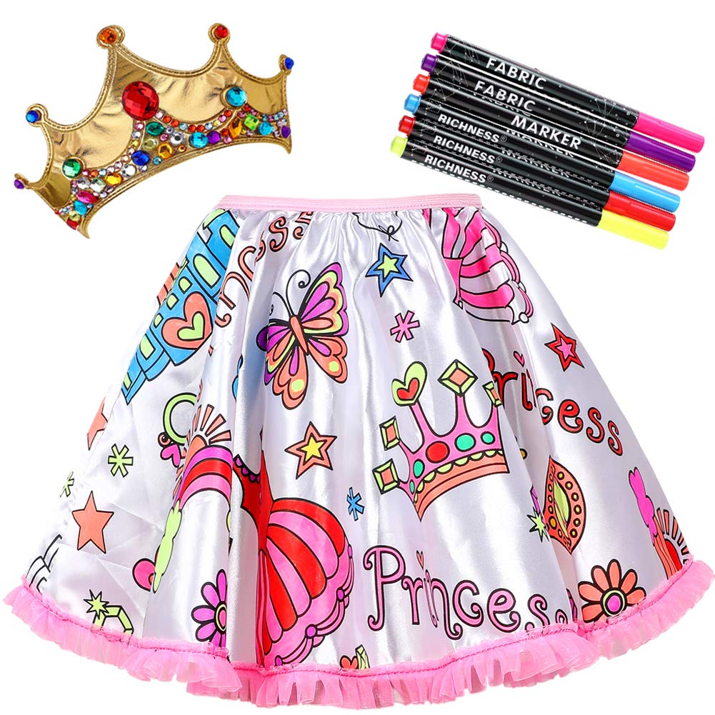RICHNESS Color Your Own Dress Princess Dress Up Skirt with Fabric Markers & Self-Adhesive Jewels DIY Party Crafts for Girls Age 4-6