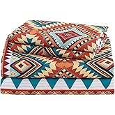 CozySmile 4 Pieces King Sheet Set Bohemian, Boho Sheets Soft Microfiber Deep Pocket, Western Sheets Geometric(King, Rust Turquoise Diamond)