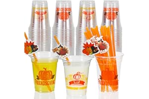 MUOUAKATE Friendsgiving Cups Party Decorations Favors, 24 Pcs 12oz Disposable Plastic Cups for Thanksgiving Party Supplies with Straws Decorative Cards, Funny Friendsgiving Decor for Holiday Celebration