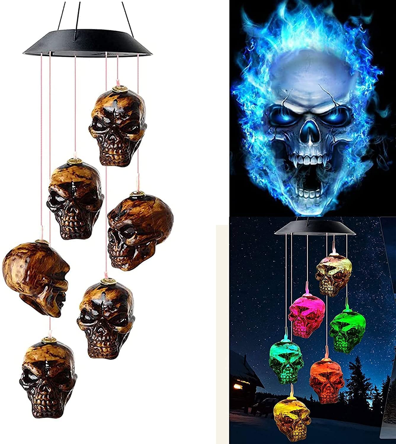 YJZQ Skeleton Skull Wind Chime Light Skulls Solar Powered LED Night Lights Outdoor Lawn Garden Hanging Light Lamp Halloween Skeleton Skull String Light Halloween Decoration