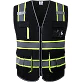 JKSafety 7 Pockets High Visibility Safety Vest for Men and Women Zipper Front with Hi-Vis Reflective Strips Meets ANSI/ISEA Standards (130-Black, Large)