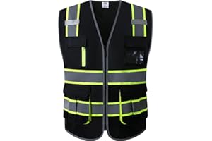 JKSafety 7 Pockets High Visibility Black Safety Vest for Men and Women Zipper Front with Hi-Vis Reflective Strips Meets ANSI/ISEA Standards(130-Black, X-Large)