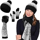 Womens Beanie Hat Scarf Gloves Set,Fleece Lined Warm Winter Cap with Pom Pom,Long Knit Scarf 3 in 1 Set for Cold Weather Gift