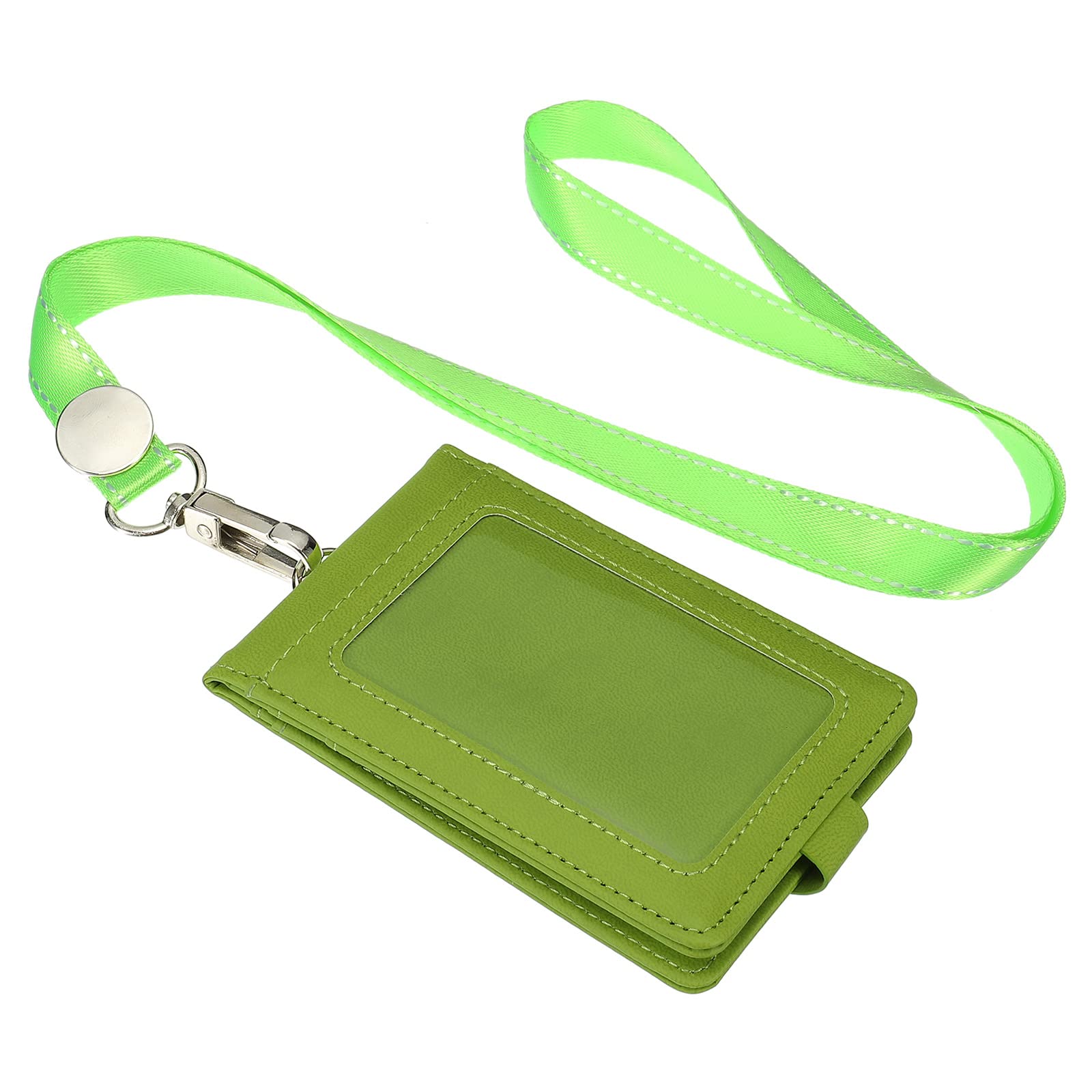 PATIKIL PU Leather ID Badge Holder with Detachable Neck Lanyard Set, Folded Credit Holder with 1 Clear Window 4 Card Slot for Offices, Green