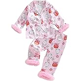 Kuriozud Kids Toddler Girl Satin Pajamas Fuzzy Trim Long Sleeve Button Down Shirt Top and Pants 2pcs Pjs Sets Sleepwear