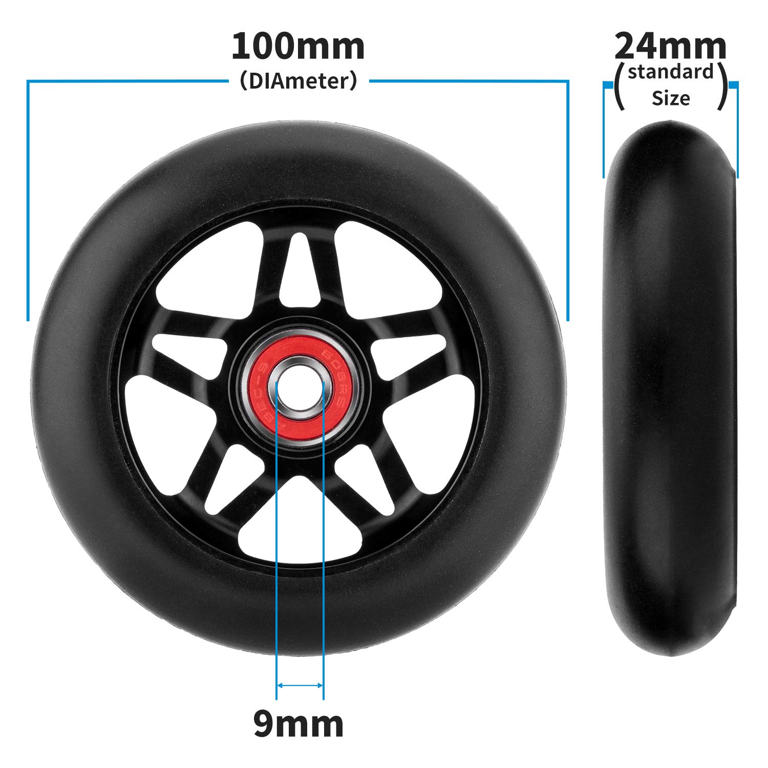 NONMON 2 Pack 100mm Scooter Wheels,88A Replacement Scooter Wheel with ABEC-9 608RS Bearings Installed for Pro Scooters Kick Scooters, Black