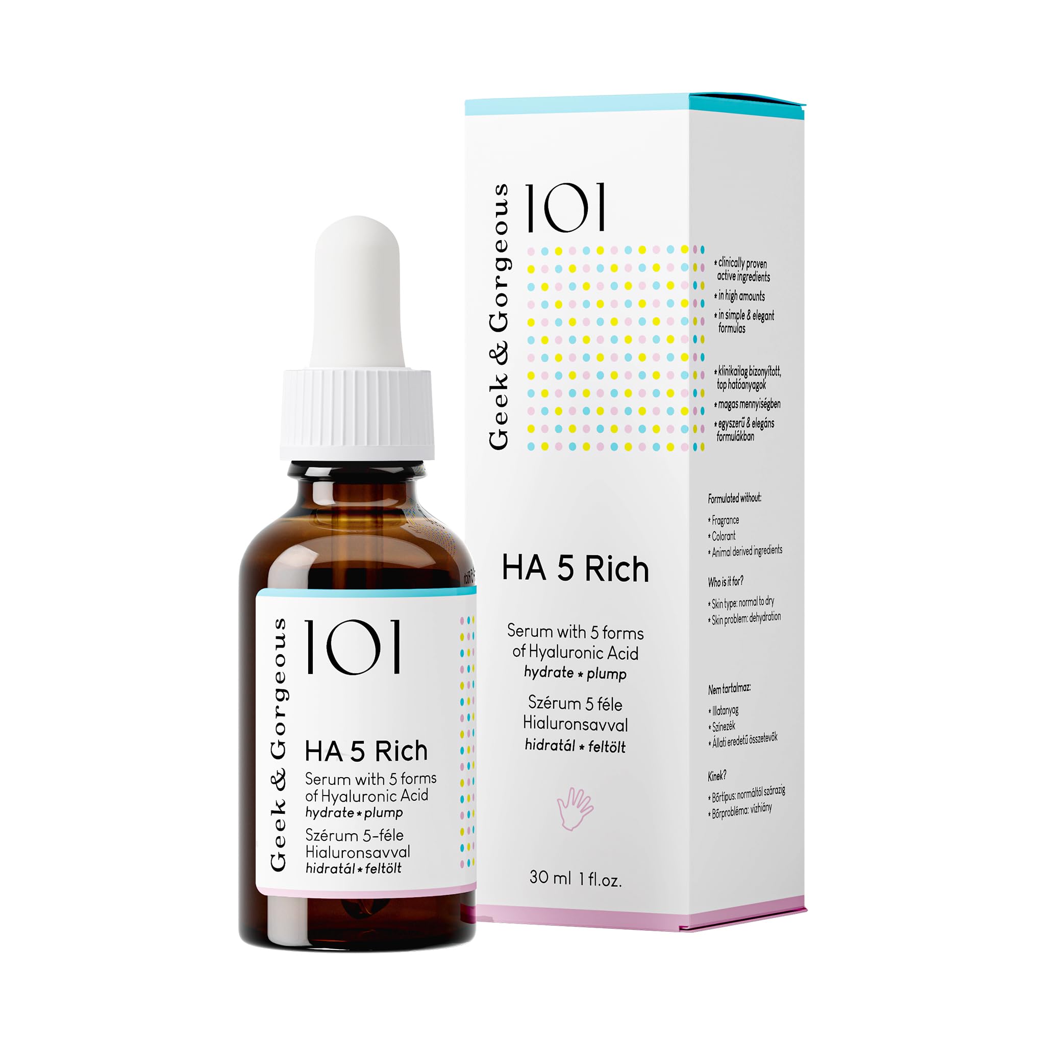 Geek & Gorgeous 101 HA 5 Rich - Serum with 5 forms of Hyaluronic acid, silky & rich - hydrates, softens & plumps the skin - all skin types especially normal & dry skin, 30ml