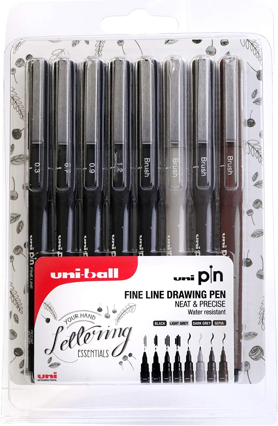 uni-ball 153544968 Pin Felt Tip Pens (Set of 5) - Sepia / Dark Grey / Black - 5 Assorted Tip Sizes