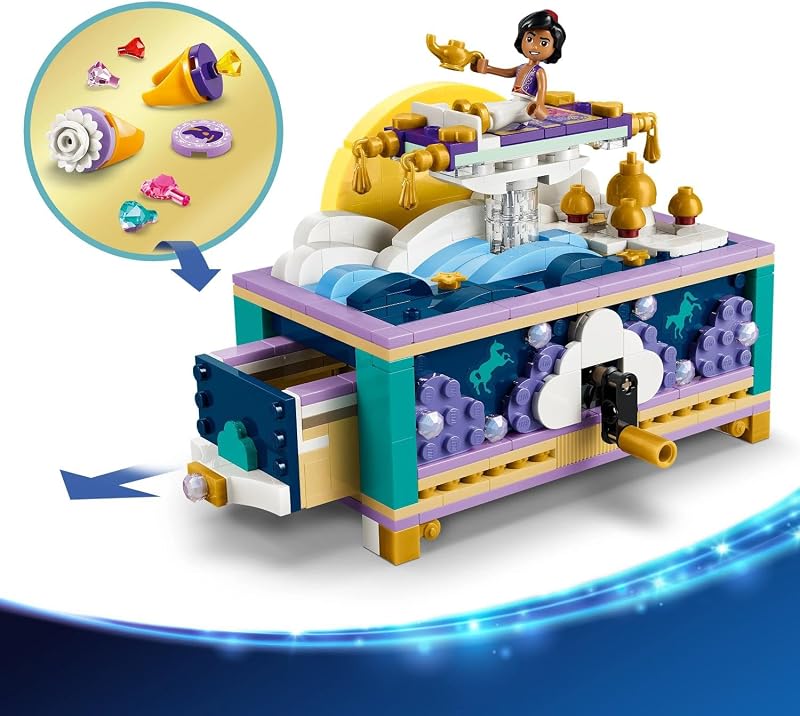 | Princesas Disney Joyero de Jasmine – Juguete de Aladdin con 2 Mini Muñecos, 2 Anillos y Lámpara del Genio – Decoración para la Habitación – Regalo para Niñas de 6+ Años y Fans – 43295