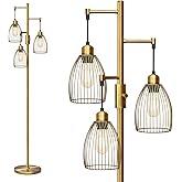 Dimmable Floor Lamp, Industrial Floor Lamps for Living Room, Antique Brass Tree Lamp Standing Lamp Tall Lamps with 3 Elegant 