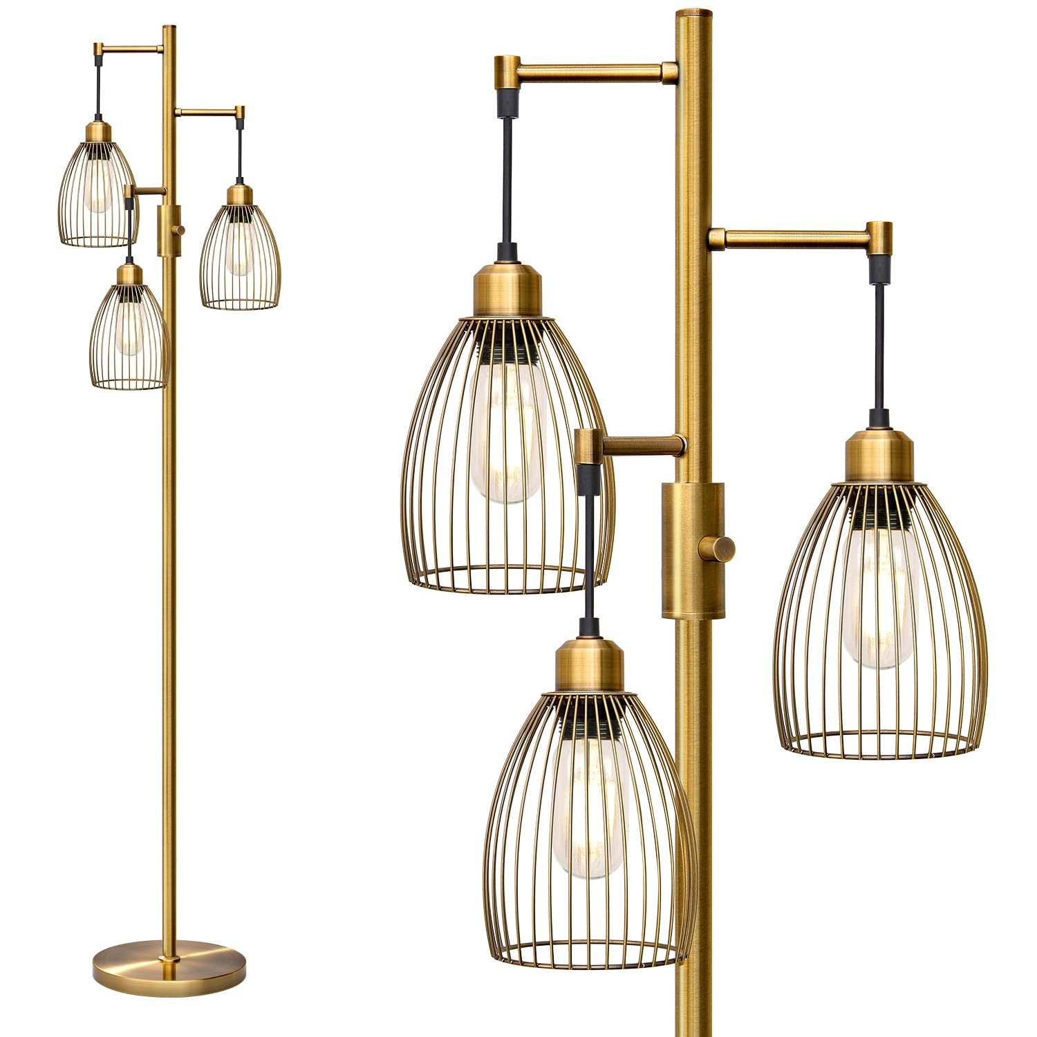 Photo 1 of Dimmable Floor Lamp, Industrial Floor Lamps for Living Room, Antique Brass Tree Lamp Standing Lamp Tall Lamps with 3 Elegant Teardrop Cage Head & 800 Lumens LED Bulbs for Living Room Bedroom Office
