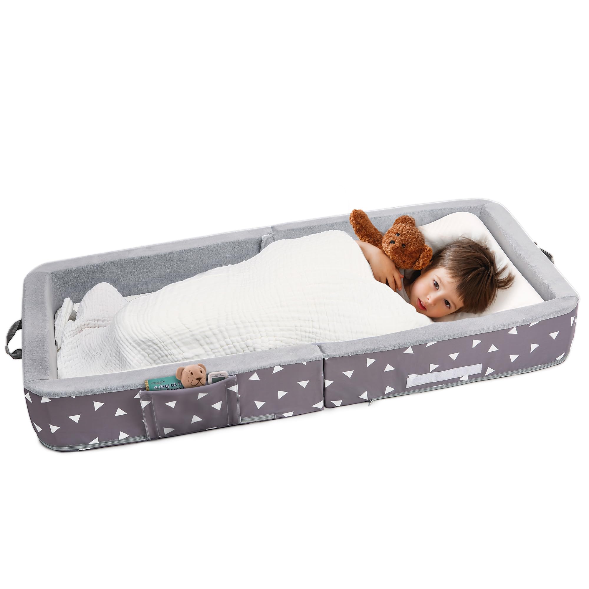 Photo 1 of Mooedcoe Portable Foldable Toddler Travel Bed with Sides, Folding Toddler Bed for Travel Kid Foam Sleeping Cot for Children 18M – 5yr Old(Rectangular, Triangle)