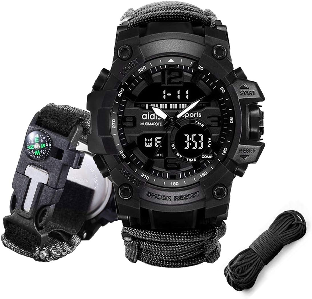 Paracord Survival Bracelet Watch with Flint fire starter +Compass Thermometer +Whistle +Umbrella rope .Juya Digital stopwatch Digital Survival Watch Alarm Backlit Survival Gear for Hiking Camping First Aid Kit