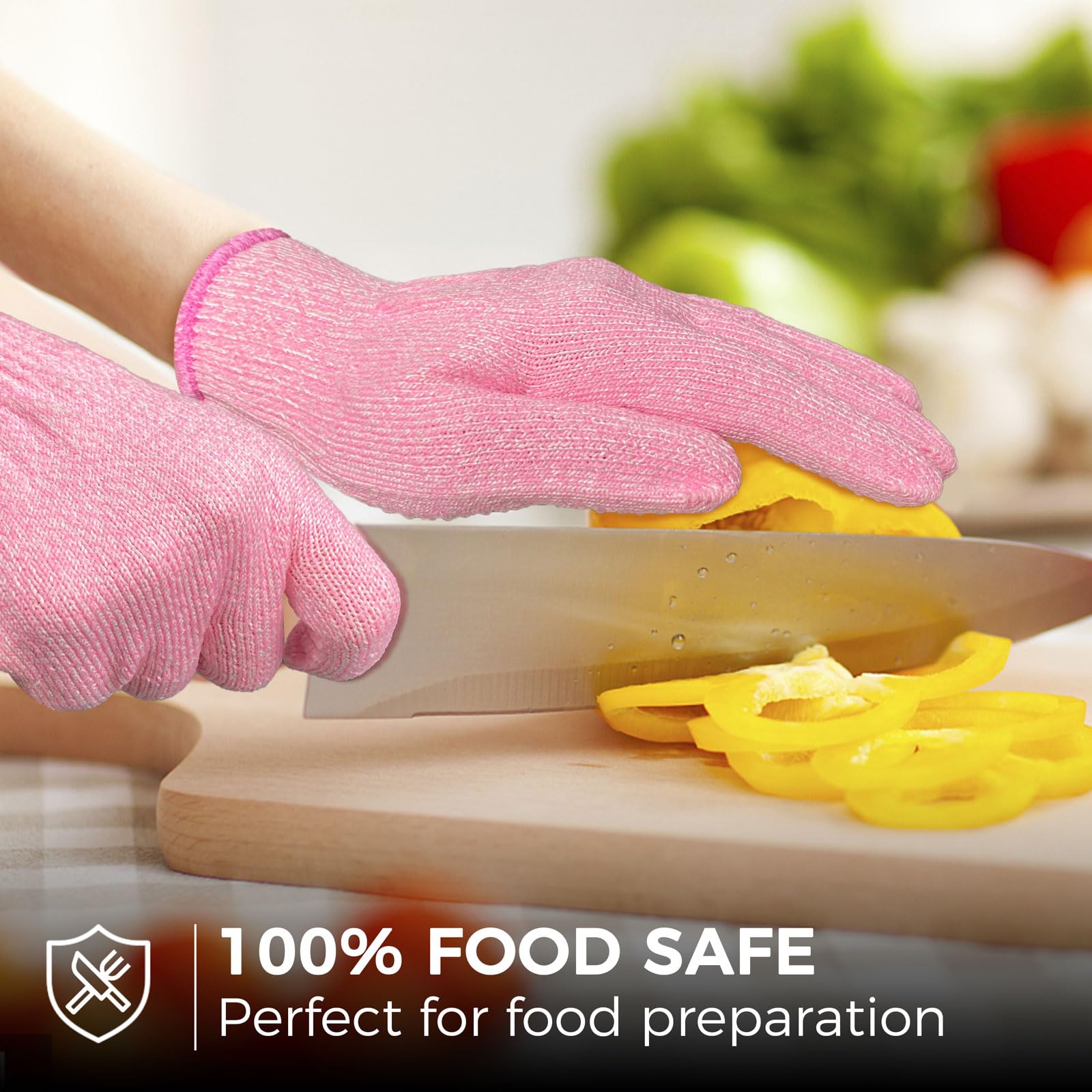 Evridwear Cutting Gloves Level 5 Cut Resistant, Food Safe Gloves with Non-Slip Grip for Kitchen, Meat Cutting & Mandoline Use, 2 Pairs (M, Pink+Gray)
