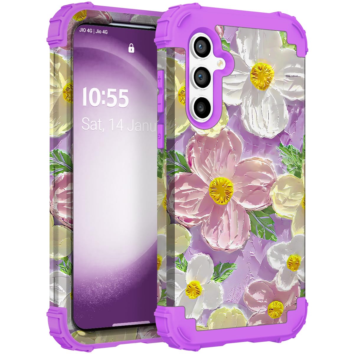 Photo 1 of SleekCover for Galaxy A14 5G Case,3 in 1 Oil Painting Flower Pattern Heavy Duty Shockproof Protection Silicone Rubber Bumper+Hard Plastic Hybrid Protective Cover for Samsung A14 6.6",Purple/Pink