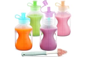 JELLY RURU Silicone Reusable Baby Food Pouches with Straws, 4 Pack Leakproof Refillable Squeeze Pouches, Dishwasher, Freezer, Microwave Safe, 5OZ Baby Food Storage for Homemade Puree, Yogurt