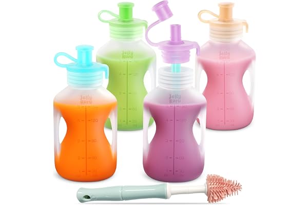 Jelly Ruru Silicone Reusable Baby Food Pouches 4 Pack, Durable and Leak-Proof Refillable Squeeze Pouches, Easy to Clean and Dishwasher Safe, Baby Food Storage for Homemade Puree, Yogurt, 5oz | Food Grade Silicone, Leakproof And Refillable For Toddlers, Dishwasher And Freezer Safe, For Homemade Puree Yogurt