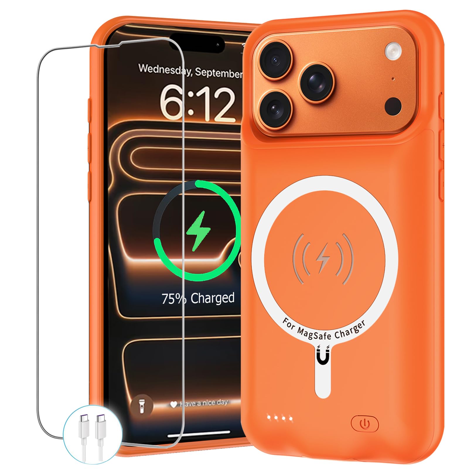 Battery Case for iPhone 17 Pro Max, 12000mAh Protective Charging Case with Wireless Charging Compatible with iPhone 17 Pro Max (6.9 inch) Rechargeable Battery Pack Charger Cover with Carplay (Orange)
