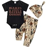 SAYOO Western Newborn Baby Boys Cowboy Outfit Cow Print Letter Bodysuit Long Leggings Cap 3pcs Infant Boy Country Clothes