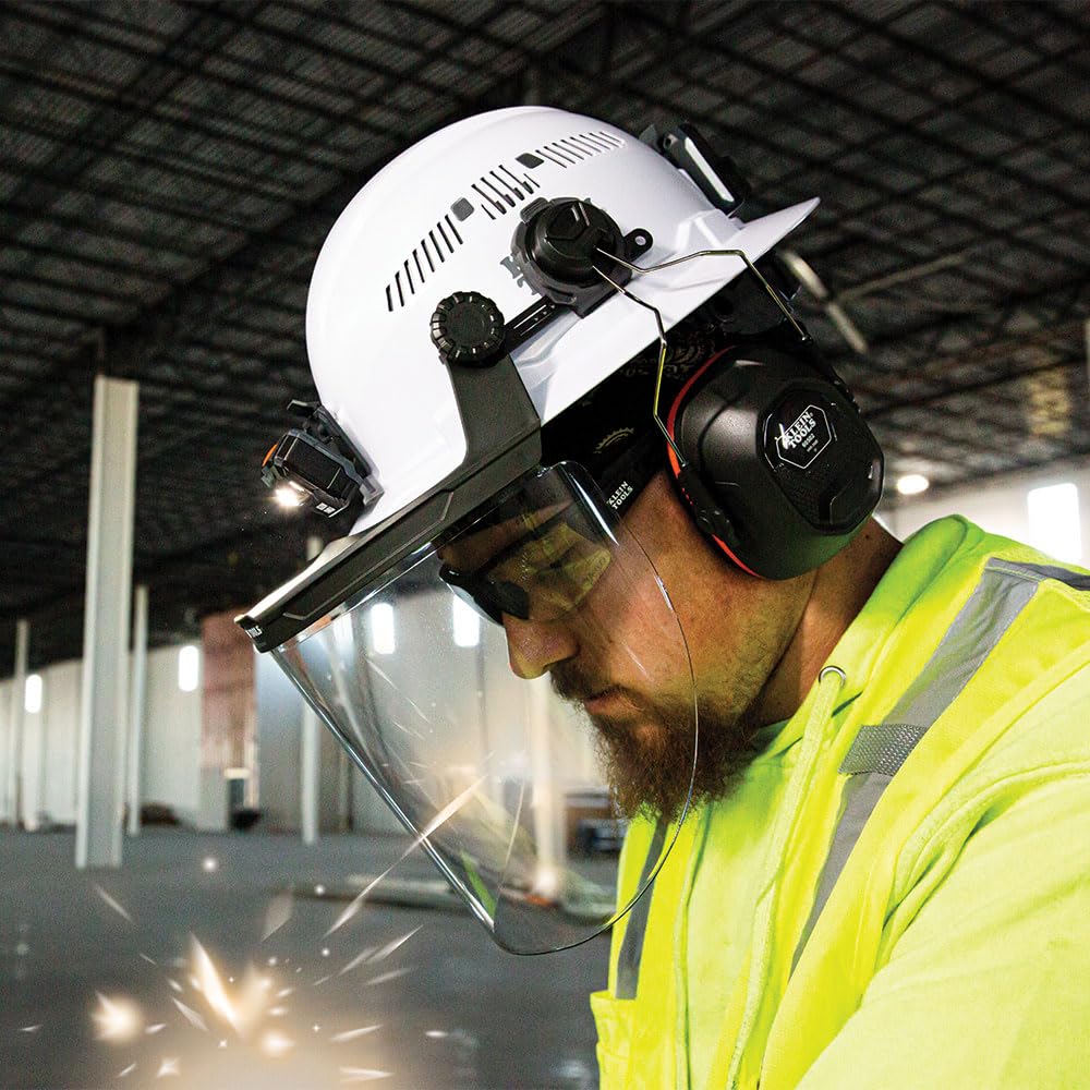 Klein Tools 60528 Full-Brim Hard Hat Face Shield, Clear, Impact-Rated, Anti-Fog, Low-Profile Design, Flip-Up, Earmuff Compatible, One Size