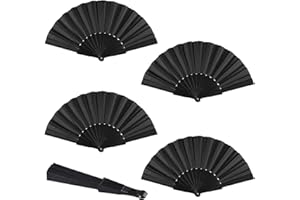 Minelife 4 Pieces Black Handheld Folding Fan, Decoration Fold Hand Fan Nylon Cloth Chinese Fan for Party Favors, Dancing, DIY Decoration