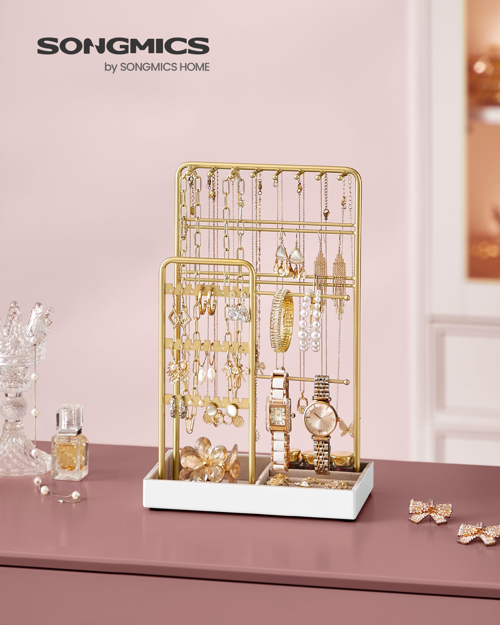 SONGMICS Jewellery Stand, Jewellery Organiser, Jewellery Display Stand with Metal Frame and Velvet Tray, Earring Bracelet Holder, Necklace Stand, for Studs, Rings, Gift Idea, Gold Colour JJS021A01