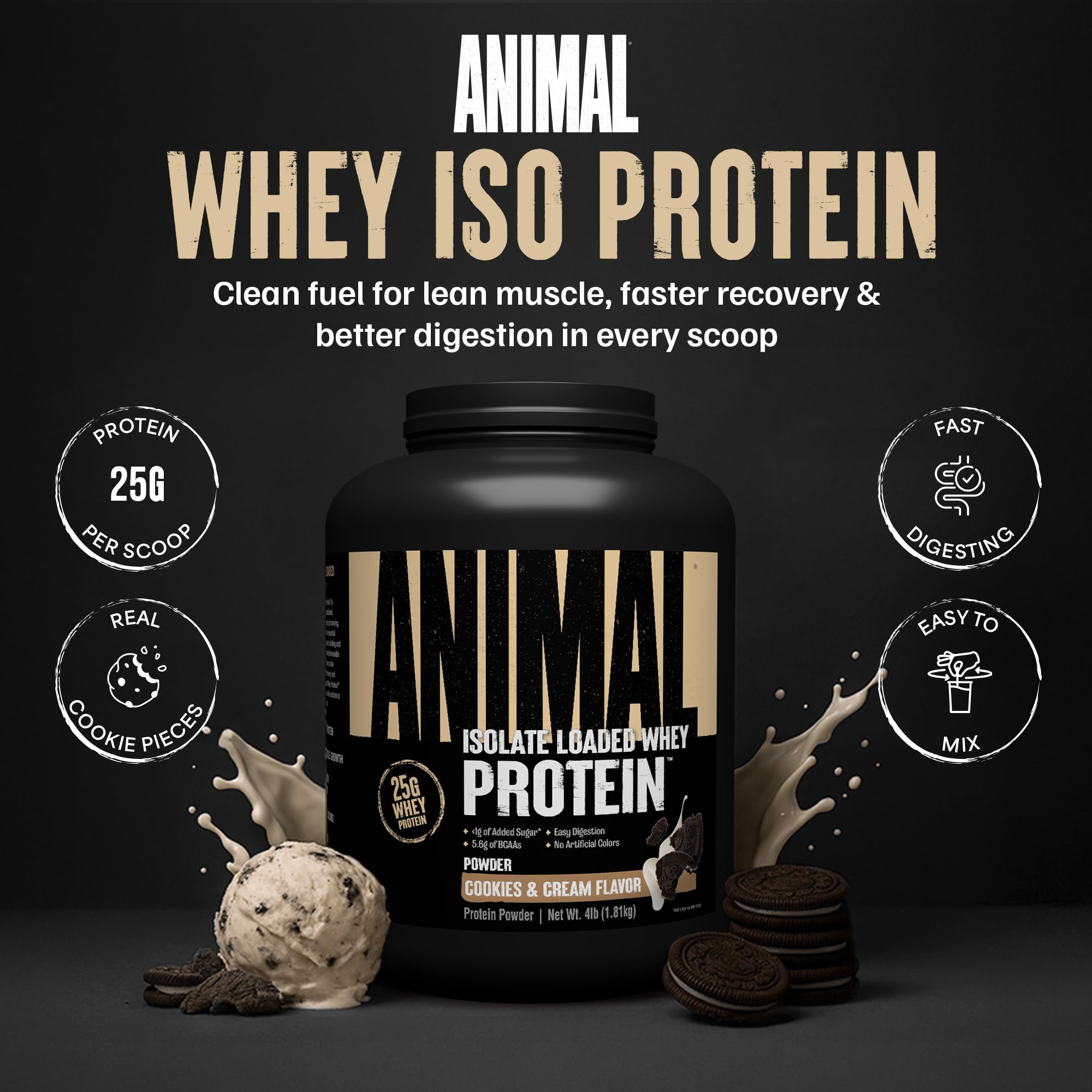 Animal Whey Isolate Protein Powder - Loaded for Pre & Post Workout Muscle Builder and Recovery with Digestive Enzymes for Men & Women - 25g Protein, Great Taste, Low Sugar - Cookies & Cream 4 lbs