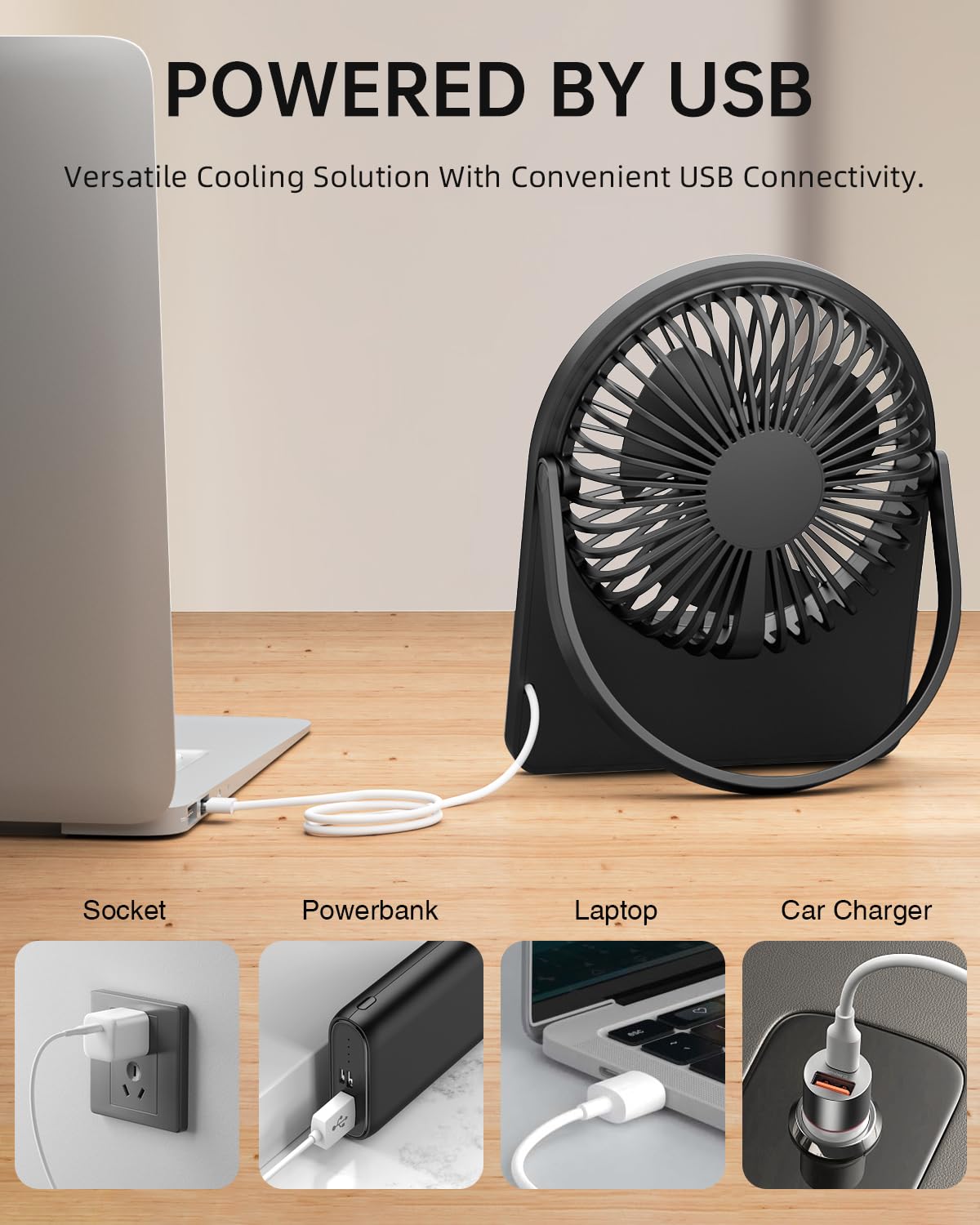 Portable USB Desk Mini FAN, USB-A Corded Powered Small Personal Fan, Foldable Office Desk Accessories for Home, Desktop, 3-speed Hangable Cruise Essentials with Strong Wind, Black