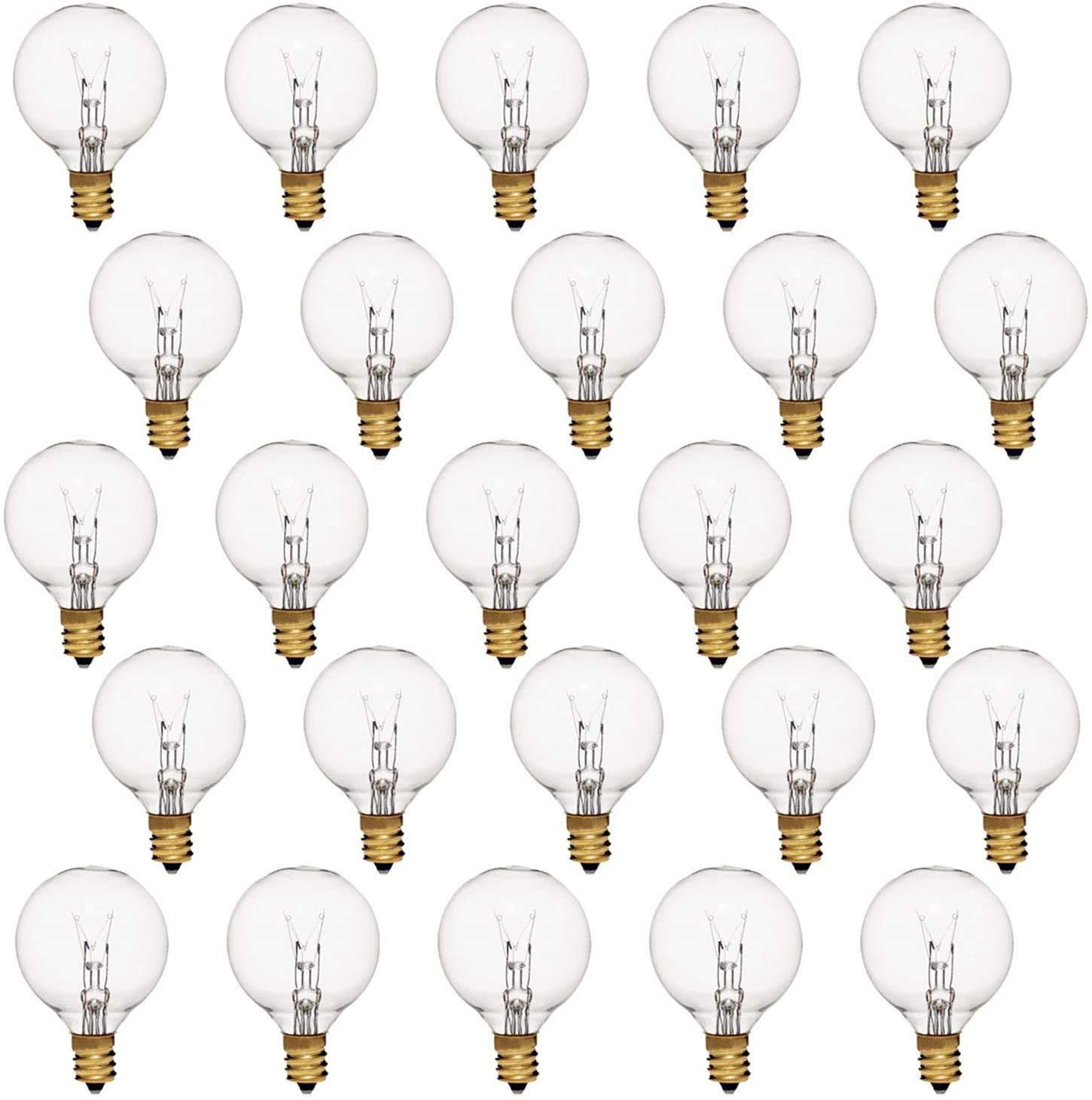 25 Pack G40 Incandescent Replacement Light Bulbs: 7 Watt G40 Globe Bulbs for Outdoor Chritsmas String Lights, C7/E12 Candelabra Screw Base Salt Lamp Night Lights Bulbs, Indoor/Outdoor Use, Warm White