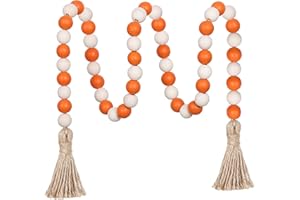 Meplait Fall Wood Bead Garland, 39in Farmhouse Beads with Tassels Halloween Tiered Tray Decor Decorative Beads Home Decor（Orange & Natural）