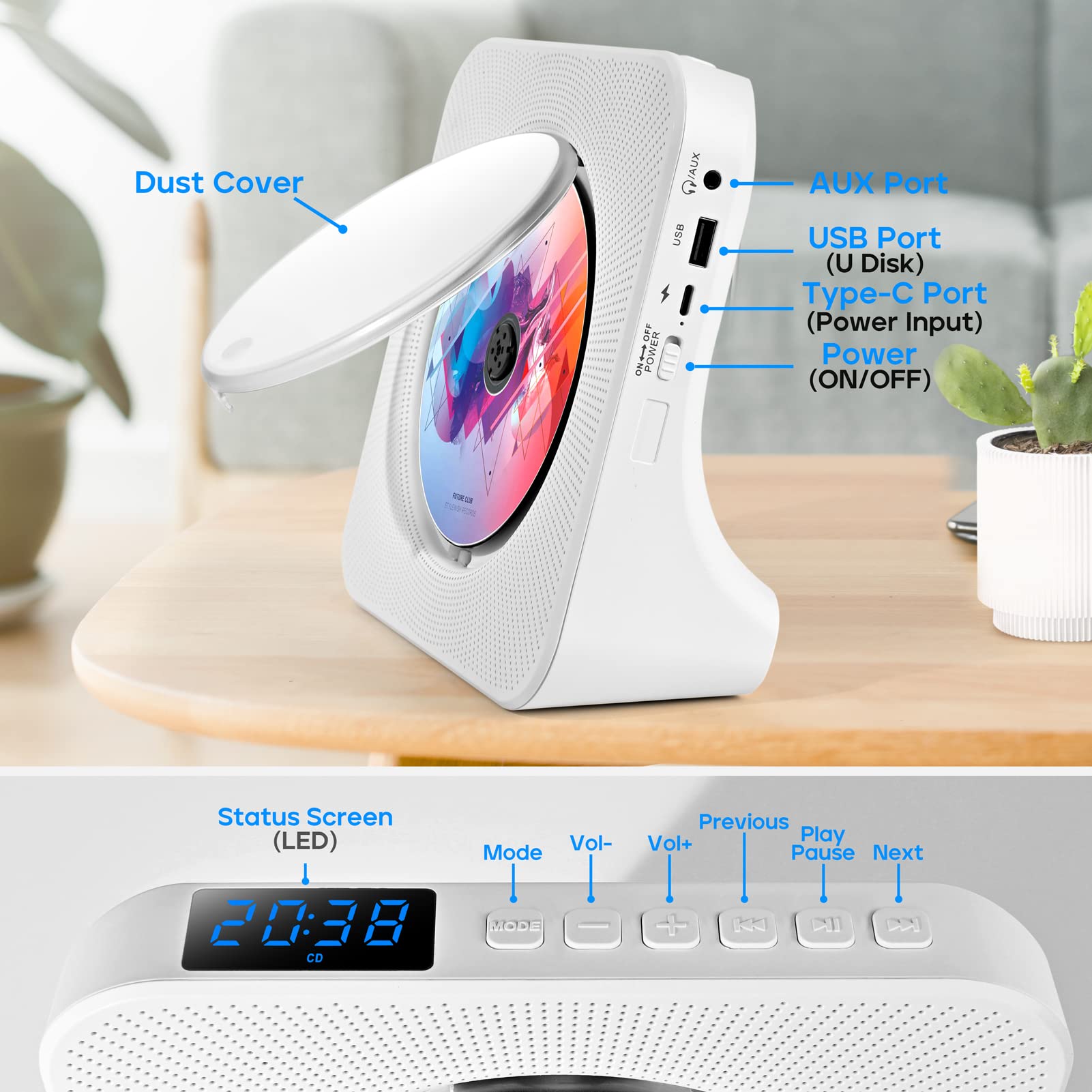 Portable CD Player with Speakers, ROADOM CD Players for Home, Bluetooth CD Player with Stereo Sound,Remote Control,Supports CD/Bluetooth/FM Radio/USB Drive/AUX/Timer/Repeat