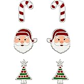 Christmas 925 Sterling Silver Tiny Stud Earrings Set, Santa Claus, Candy Cane and Christmas Tree (3Pairs/Set)