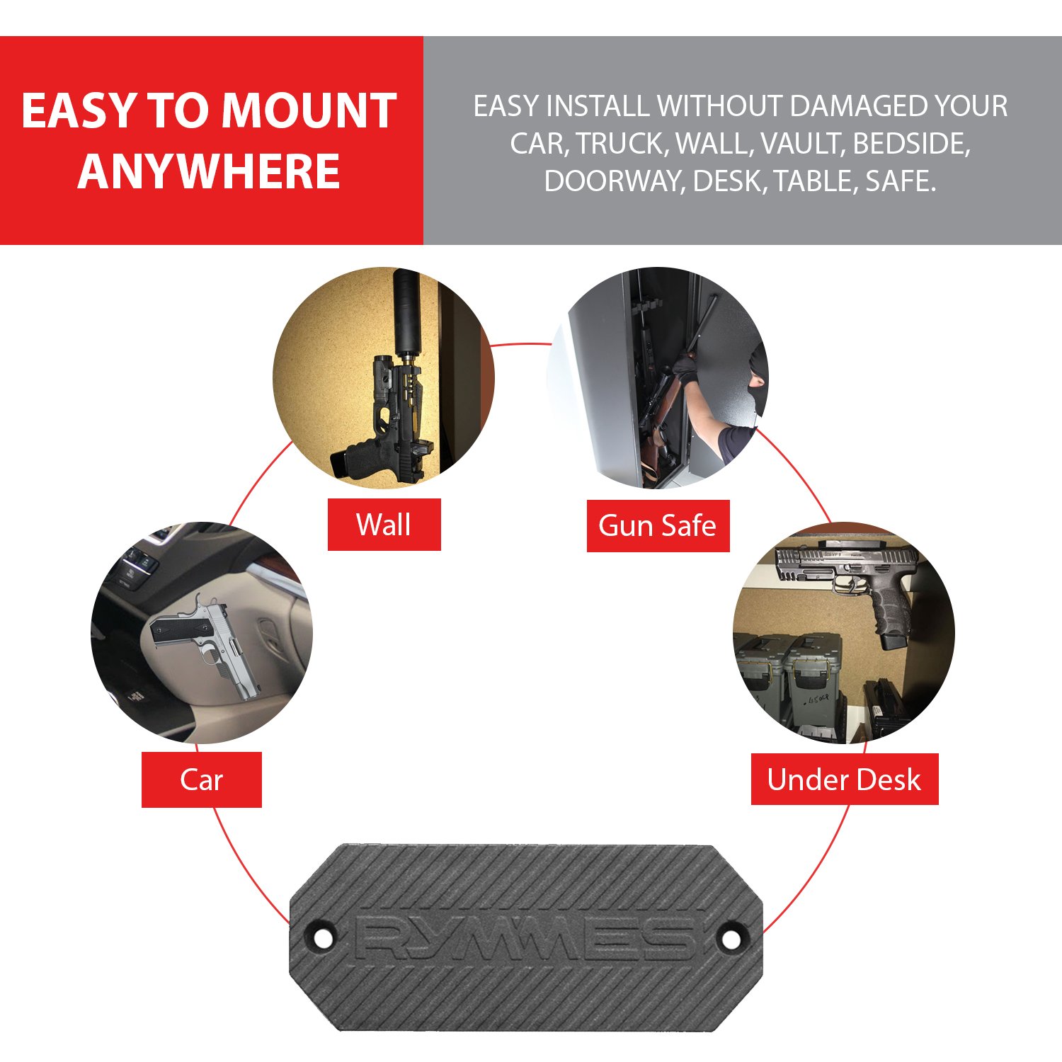 RYMMES Gun Magnet Mount Holder (45 lbs Rated) - Magnetic Holster for Handgun, Rifle, Pistol, Revolver, Shotgun, Airsoft, Magazines - Concealed Your Firearm on Car, Truck, Wall, Safe, Desk, Vehicle