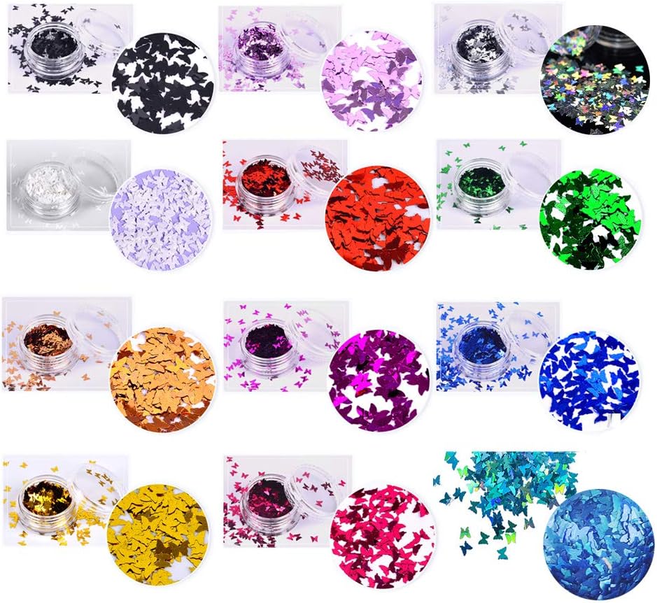 Laza 12 Color 3D Butterfly Holographic Chunky Confetti Glitter Nail Art Accessories Butterflies Manicure Sparkles Tips for Acrylic Nails Polish DIY Resin Slime Decoration Women Girls