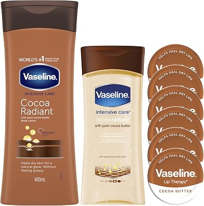 Vaseline Cocoa Radiant Lotion Oil & 6 Lip Therapy Tins Bundle Set 400ml 200ml