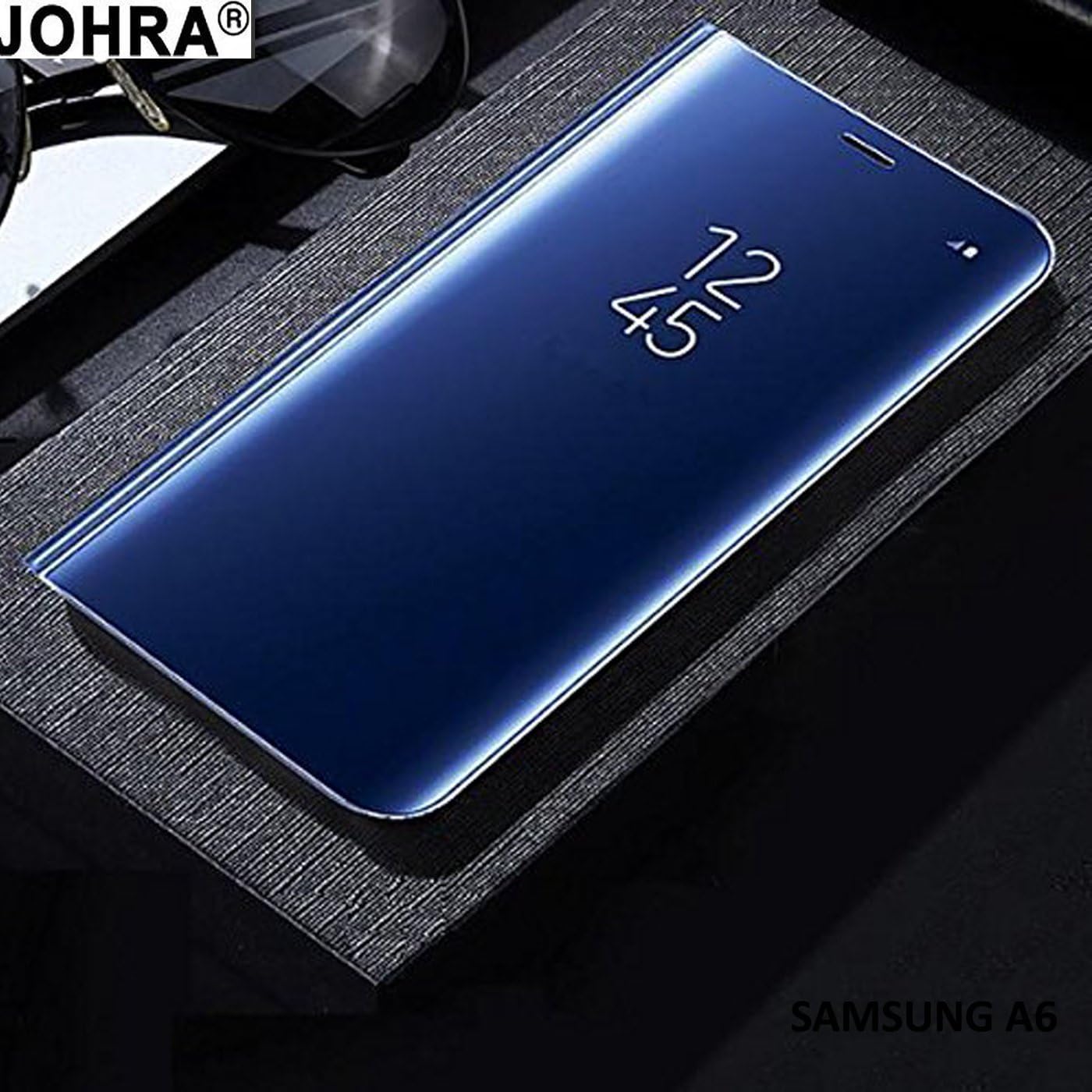 Johra® Luxury Clear View Electroplate Mirror Acrylic Protective Leather Flip Case Cover for Samsung Galaxy A6 2018 (Blue)