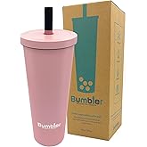 Stainless Steel Bubble Tea Cup - Bumbler 24oz Large Reusable Eco-Friendly Tumbler with Wide Soft Tip Metal Straw, Leak-Proof Lid - Perfect for Boba, Smoothies, Iced Coffee, Hot or Cold Drinks - Pink